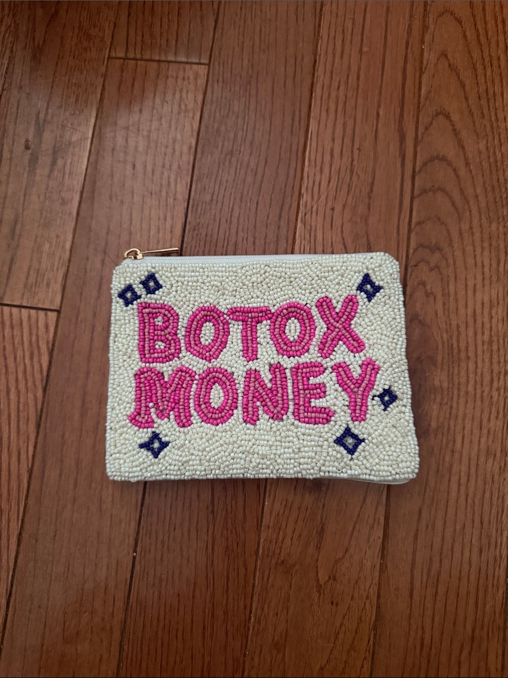 Beaded 'BOTOX MONEY' Pouch - Pink on Cream
